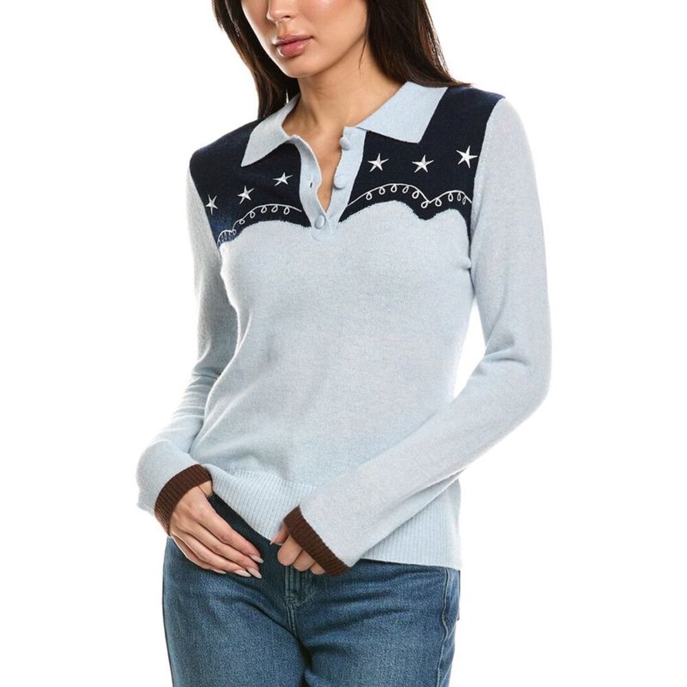 Brodie Cashmere Womens Willow Western Polo Cashmere Sweater, Blue
